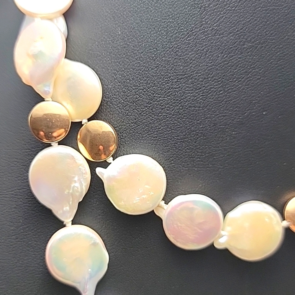 Lucas Lameth Fresh Water Coin Pearls 34" High Luster Gold  925 Sterling Necklace - Picture 4 of 9